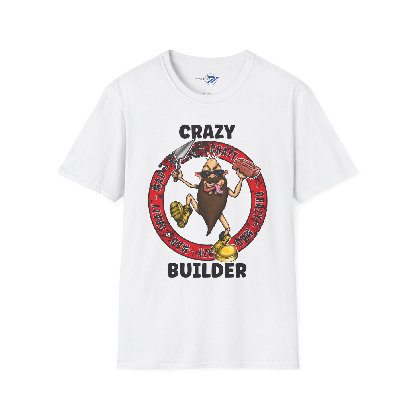 Crazy Builder T-Shirt — Funny Construction Worker Hardhat Mascot Tee