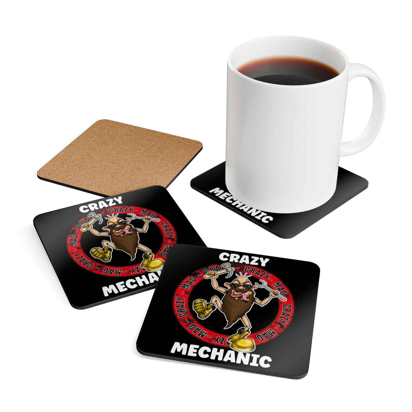 Crazy Mechanic Corkwood Coaster Set - Funny Bearded Mechanic Tools Drink Coasters
