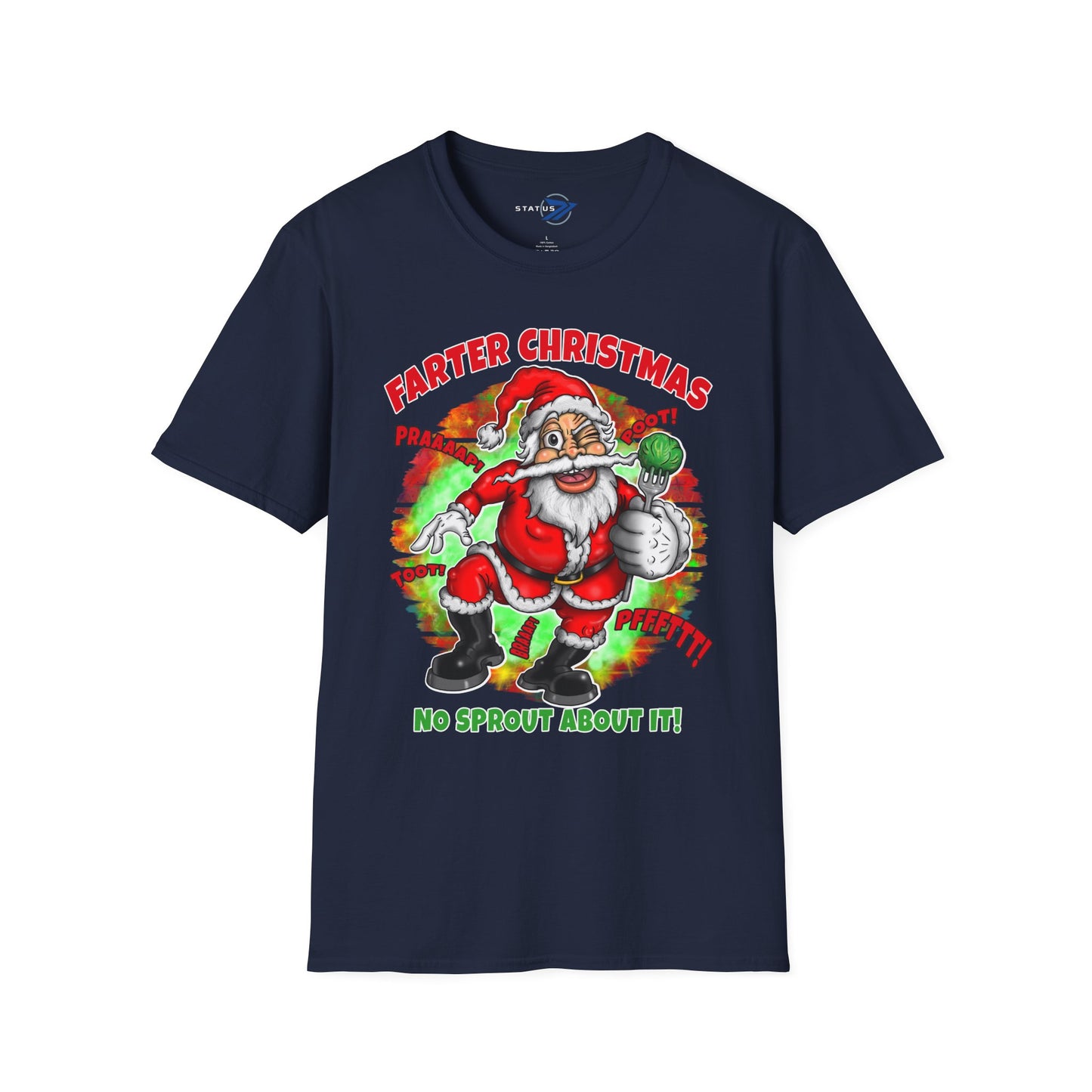 Funny Christmas T-Shirt — "Farter Christmas: No Sprout About It!" Santa Graphic Tee