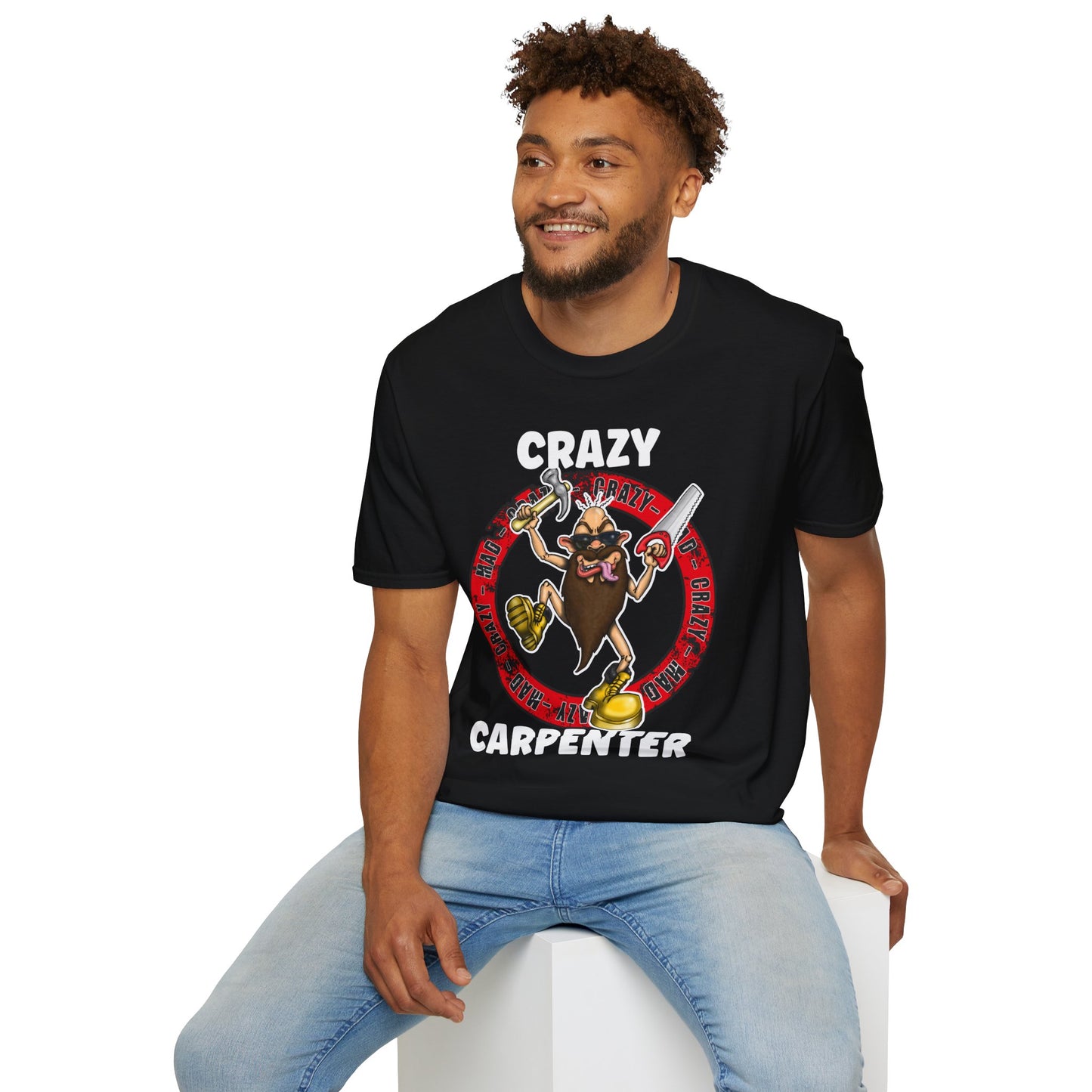 Crazy Carpenter T-Shirt — Funny Tool Mascot Tee for Woodworkers & Tradespeople