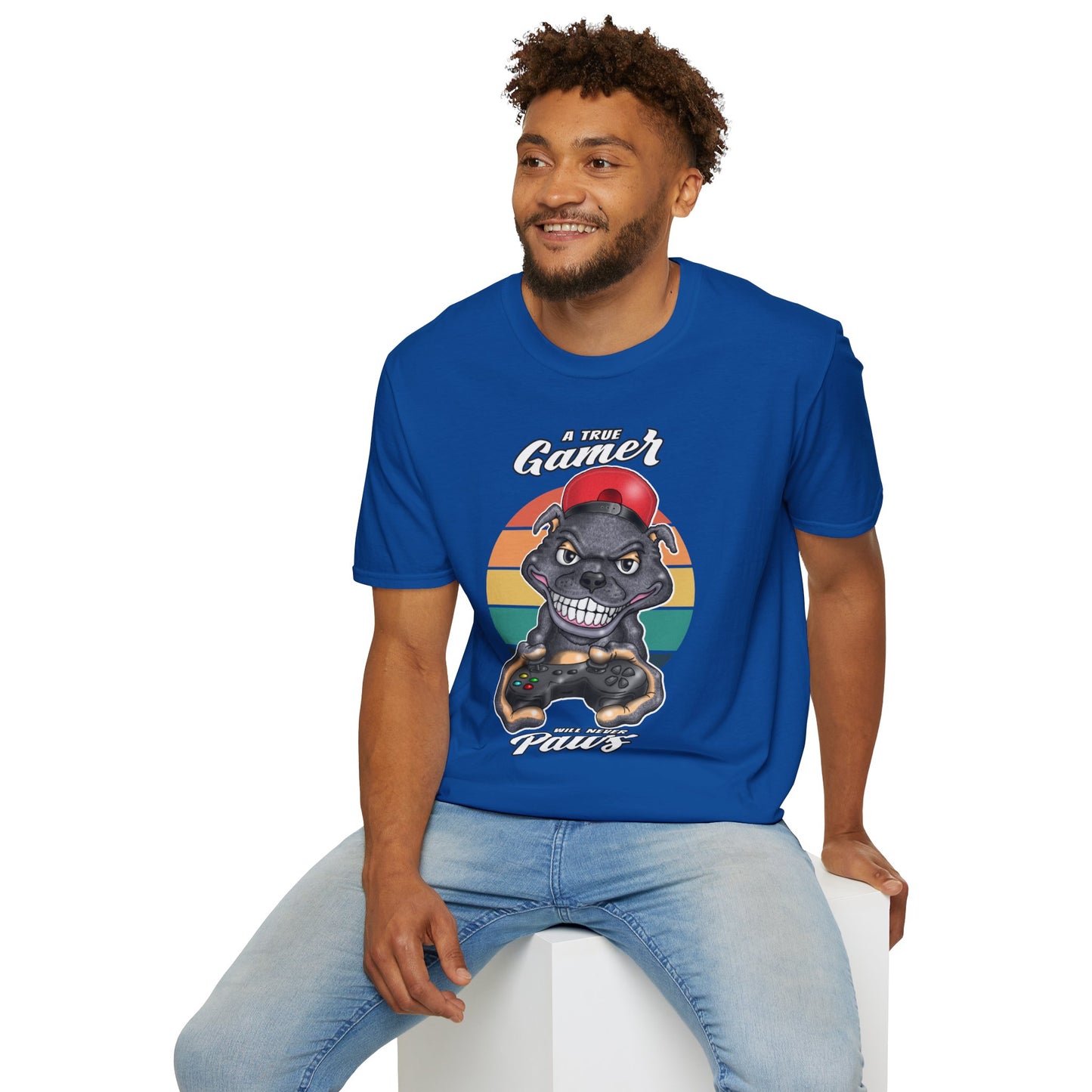 A True Gamer Never Paws T-Shirt — Retro Pit Bull Holding Game Controller Graphic Tee