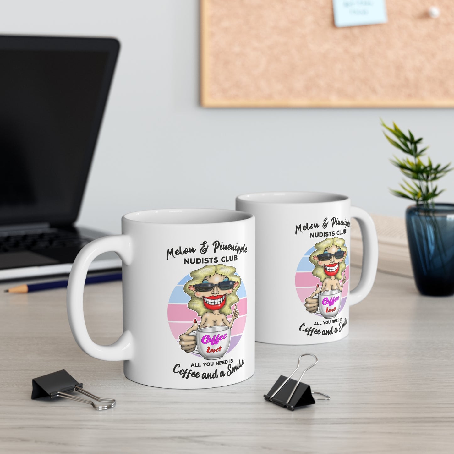Melon & Pineapple Nudists Club Coffee Mug — "All You Need Is Coffee and a Smile" 11oz Ceramic