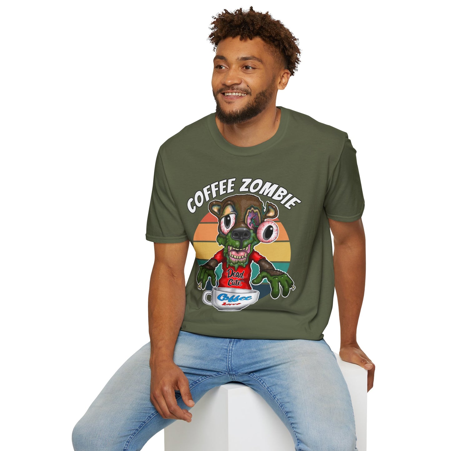 Coffee Zombie Bear T-Shirt — Retro Sunrise Coffee Lover Tee