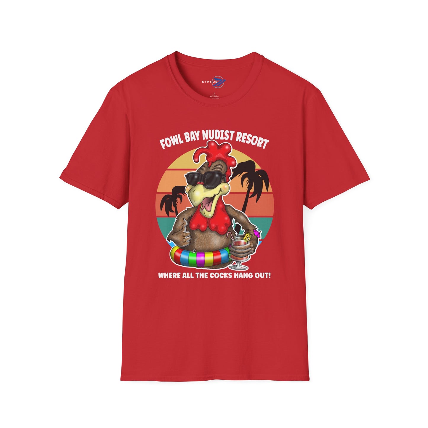 T-Shirt – Fowl Bay Nudist Resort Rooster Graphic Tee (Where All the Cocks Hang Out!)