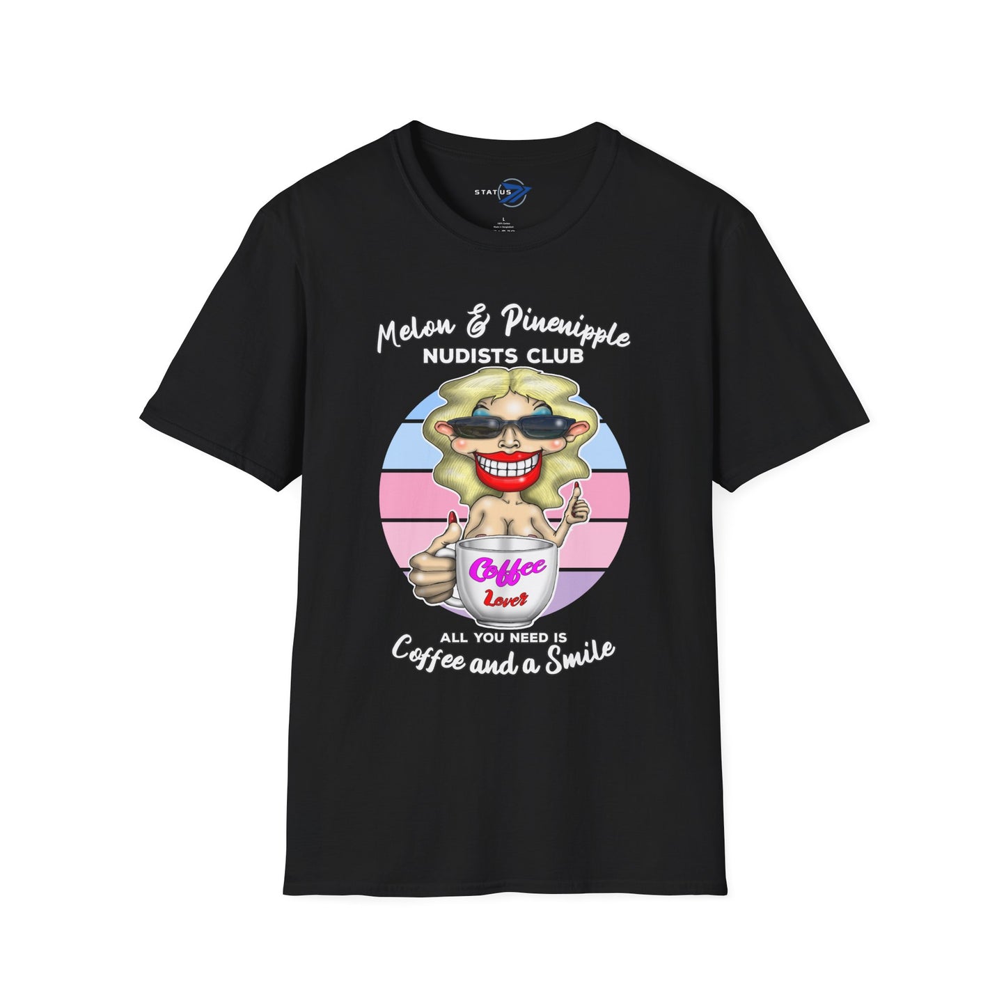 Melon & Pineapple Nudists Club T-Shirt — "All You Need Is Coffee and a Smile" Vintage Graphic Tee