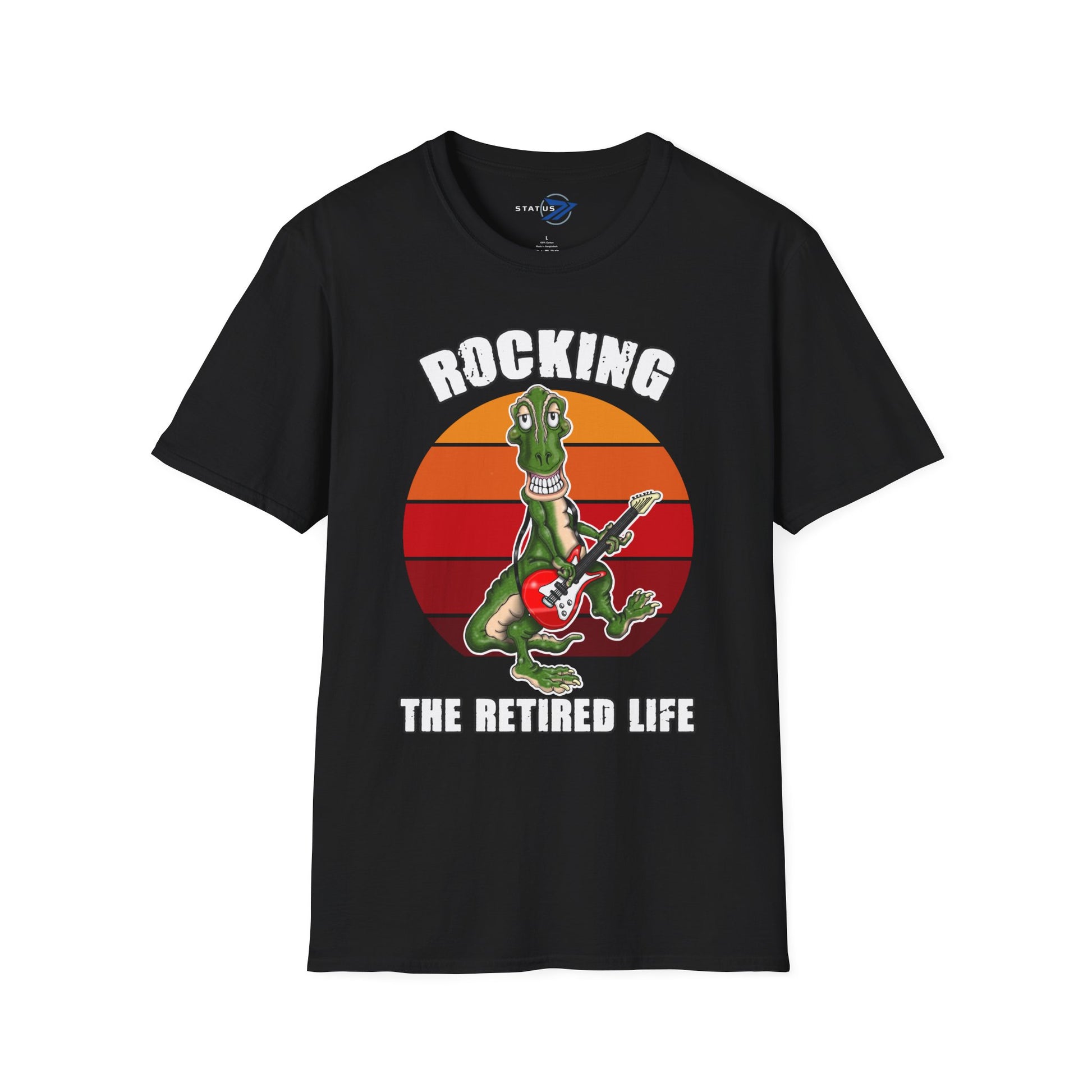 Rocking the Retired Life T-Shirt — Funny Retirement Guitar Dinosaur Tee