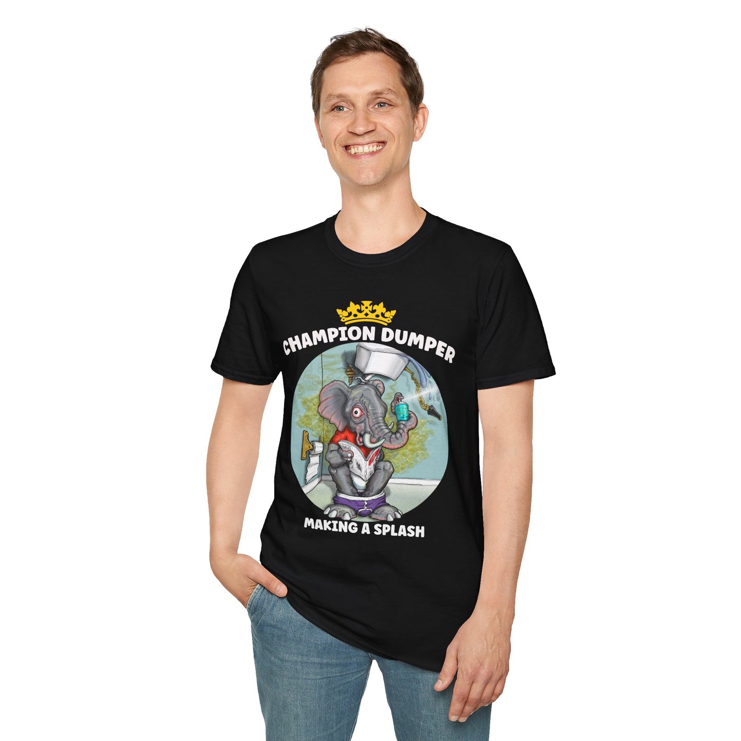 Champion Dumper T-Shirt — Funny Novelty Elephant 'Making a Splash' Tee