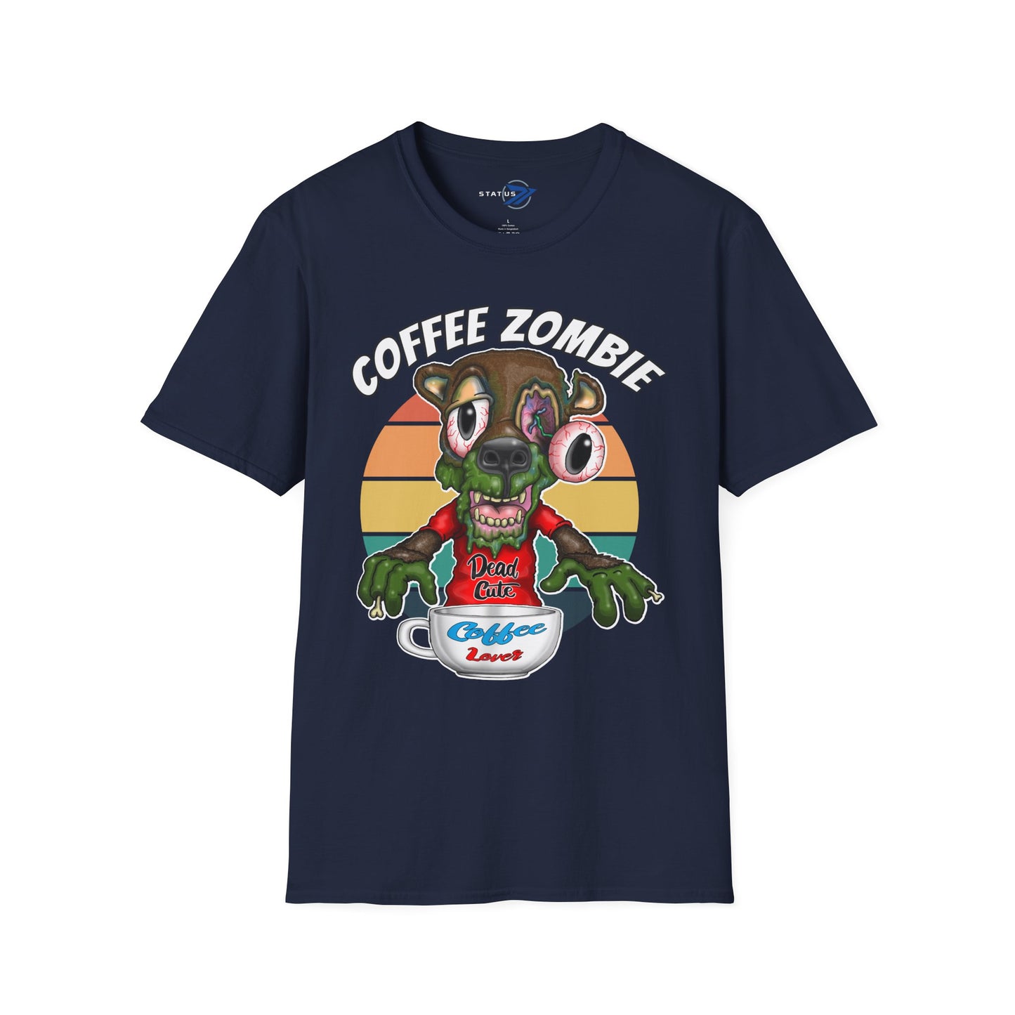 Coffee Zombie Bear T-Shirt — Retro Sunrise Coffee Lover Tee