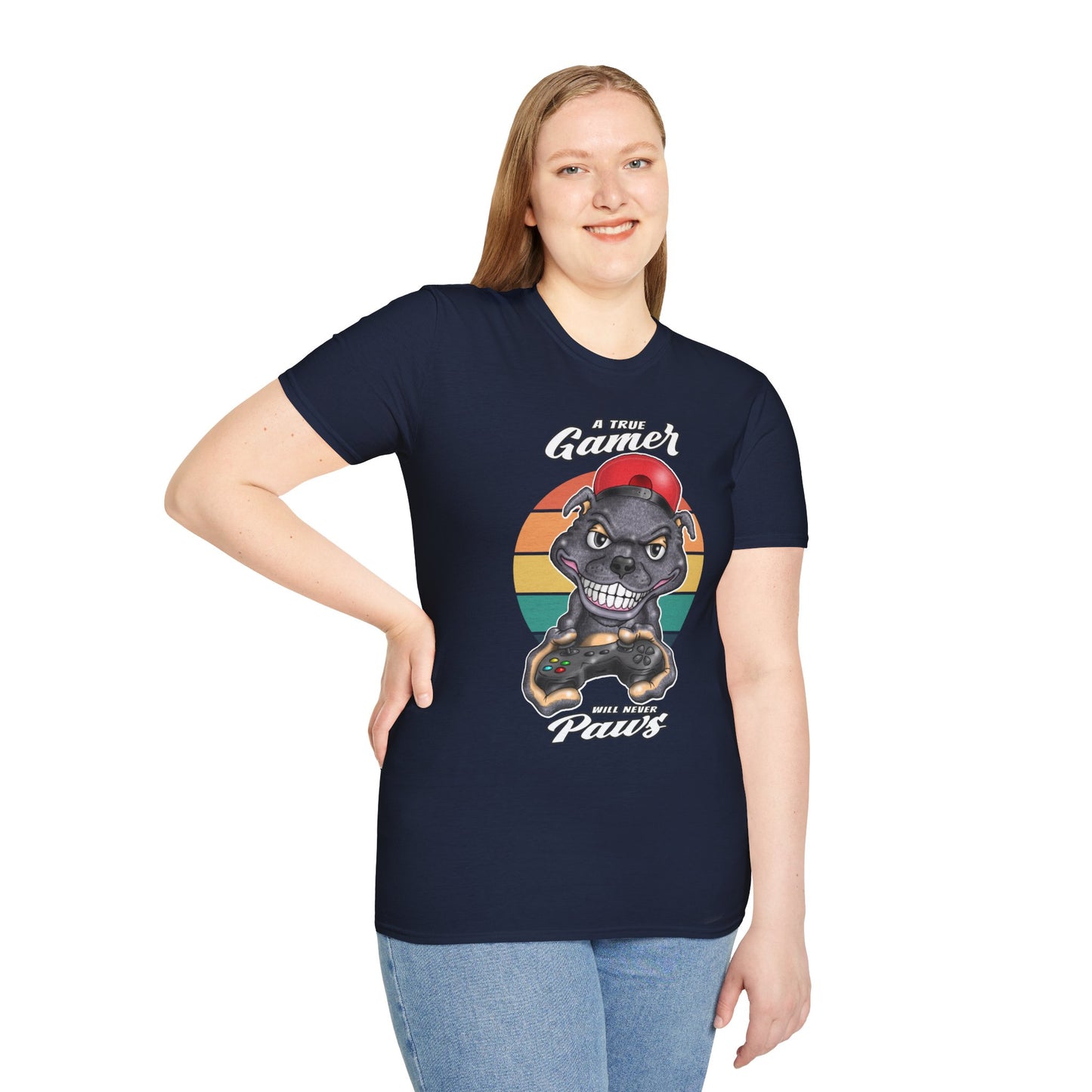 A True Gamer Never Paws T-Shirt — Retro Pit Bull Holding Game Controller Graphic Tee