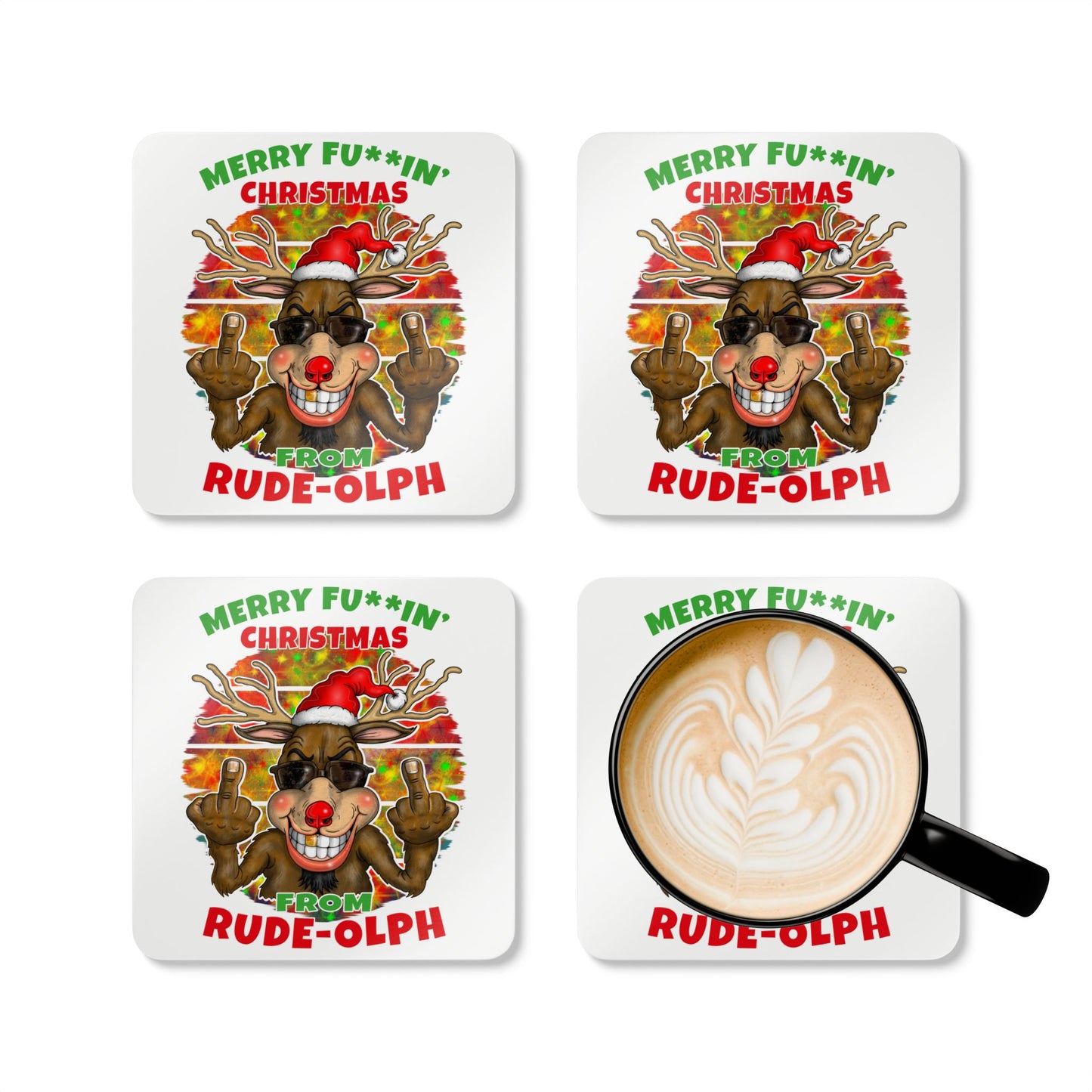 Rudolph Cork Coaster Set — "Merry Fu**in' Christmas from Rude-olph" Novelty Holiday Drink Coasters