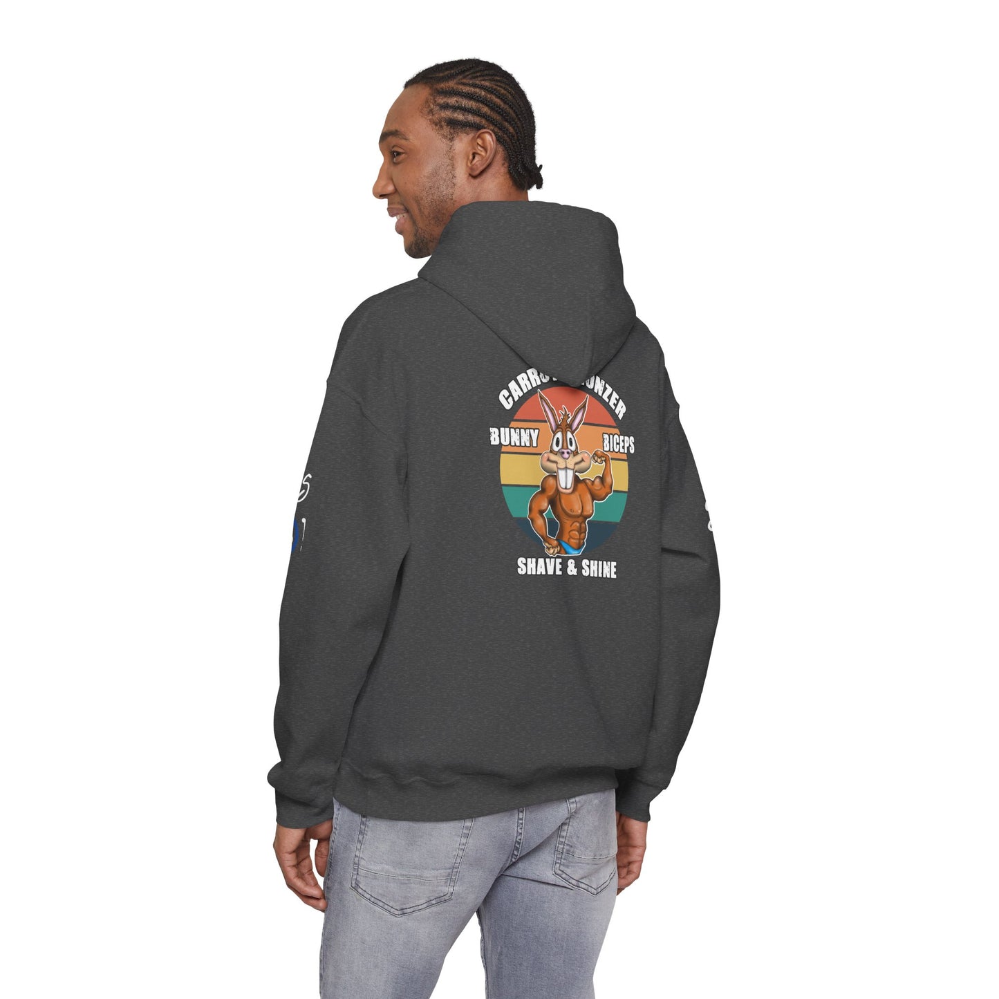 Funny 'Gym Bunny' Hoodie — Bunny Biceps & Carrot Bronzer Design