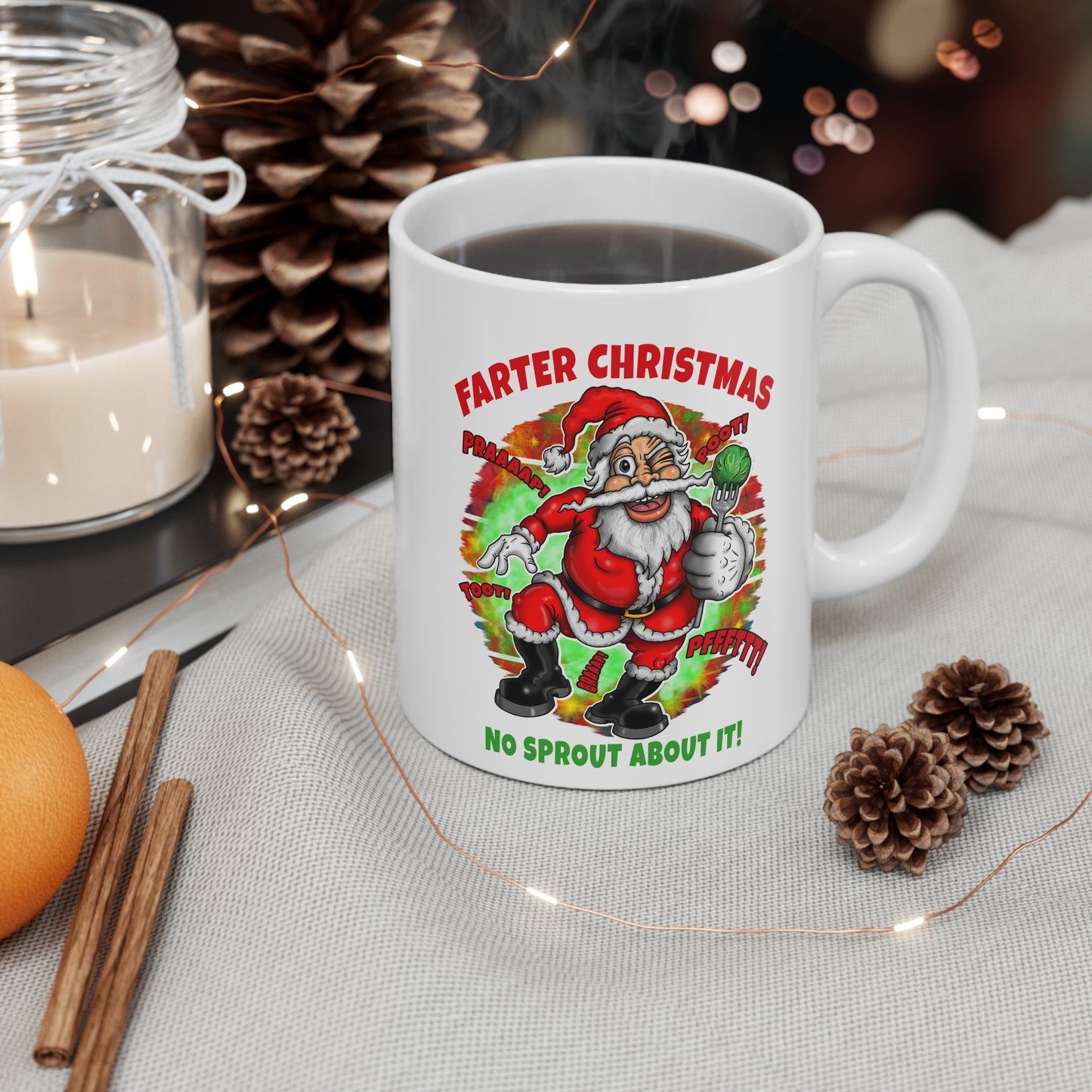 Funny Christmas Mug — "Farter Christmas" Santa with Brussels Sprout (11oz)