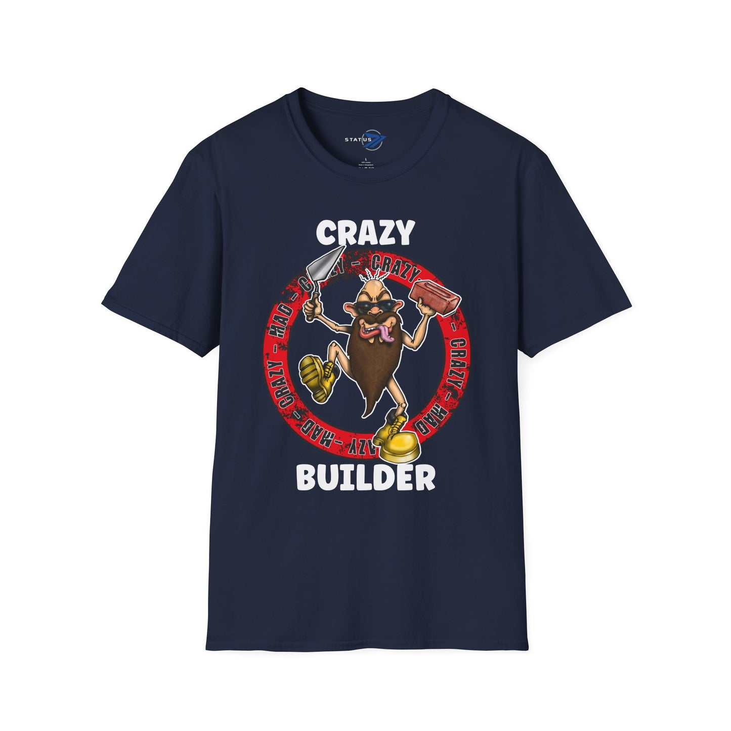 Crazy Builder T-Shirt — Funny Construction Worker Hardhat Mascot Tee