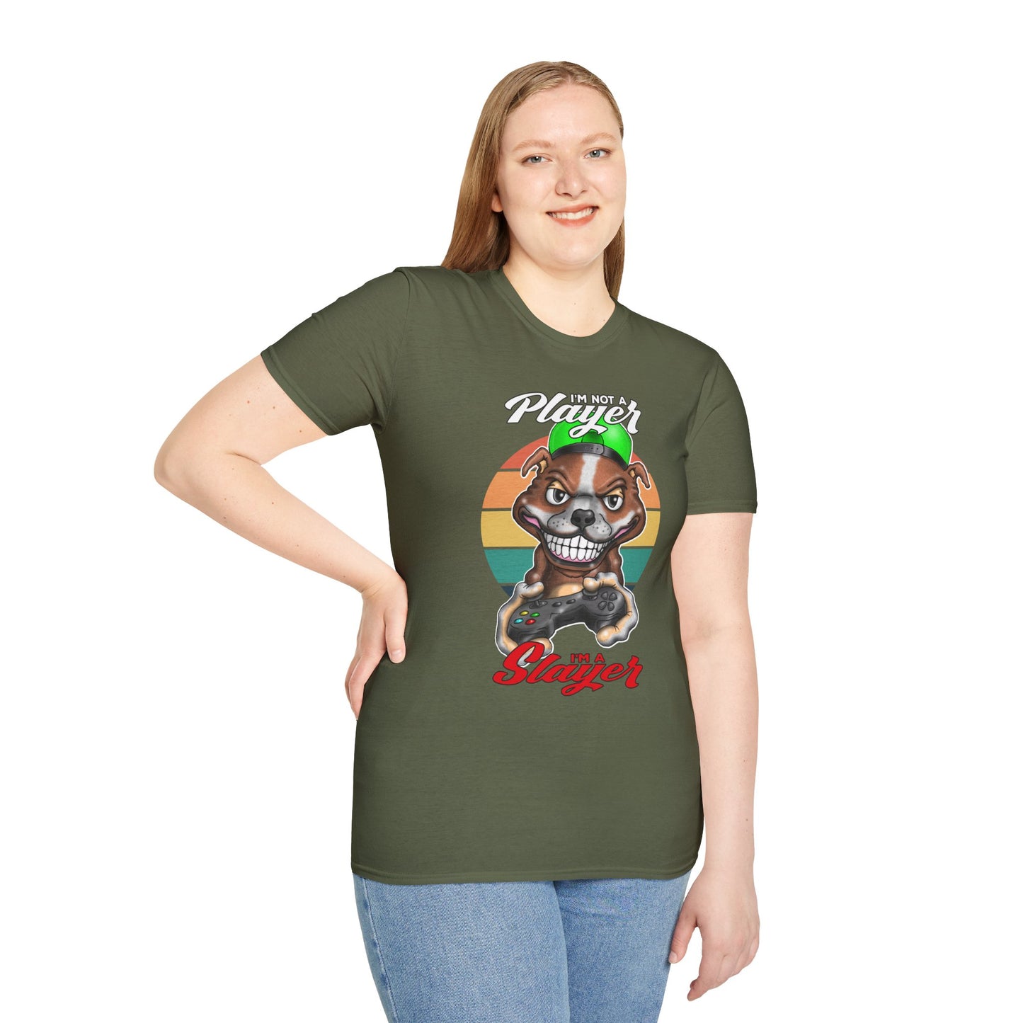 I'm Not A Player I'm A Slayer T-Shirt — Gamer Retro Pit Bull Graphic Tee