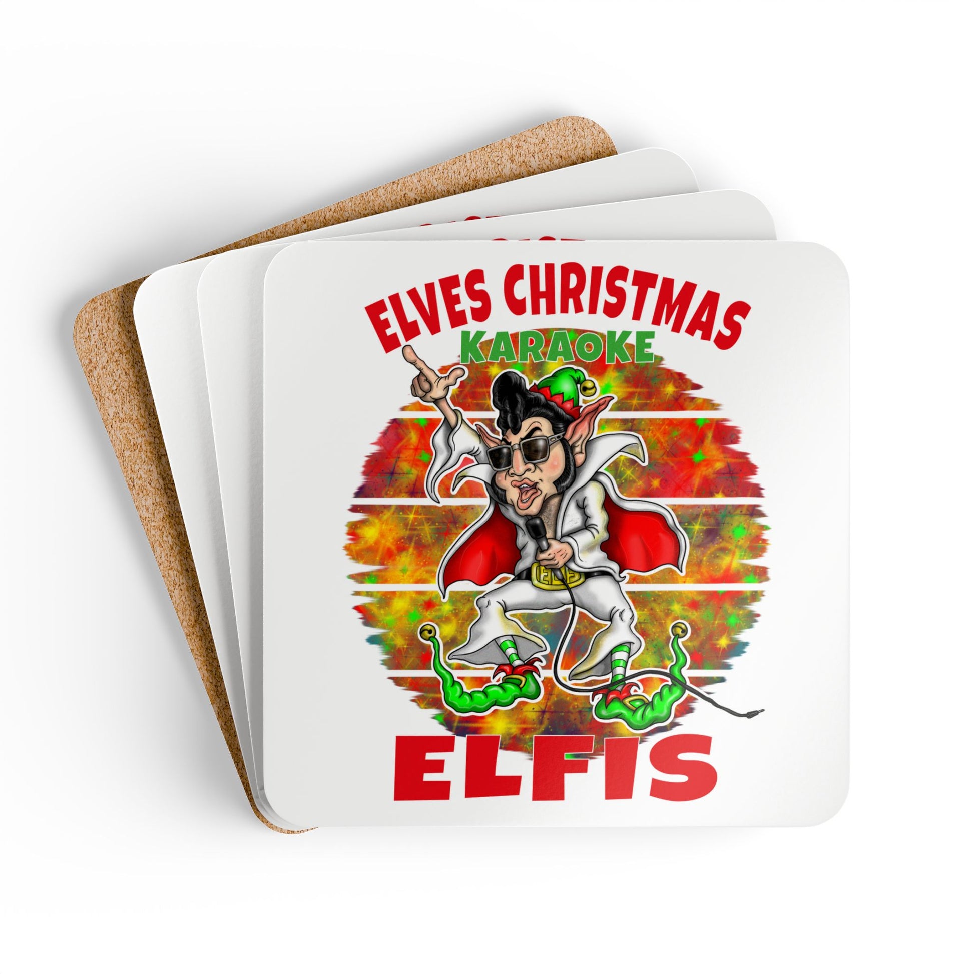 Elvis Christmas Karaoke Coaster Set — 'Elfis' Cork Drink Coasters