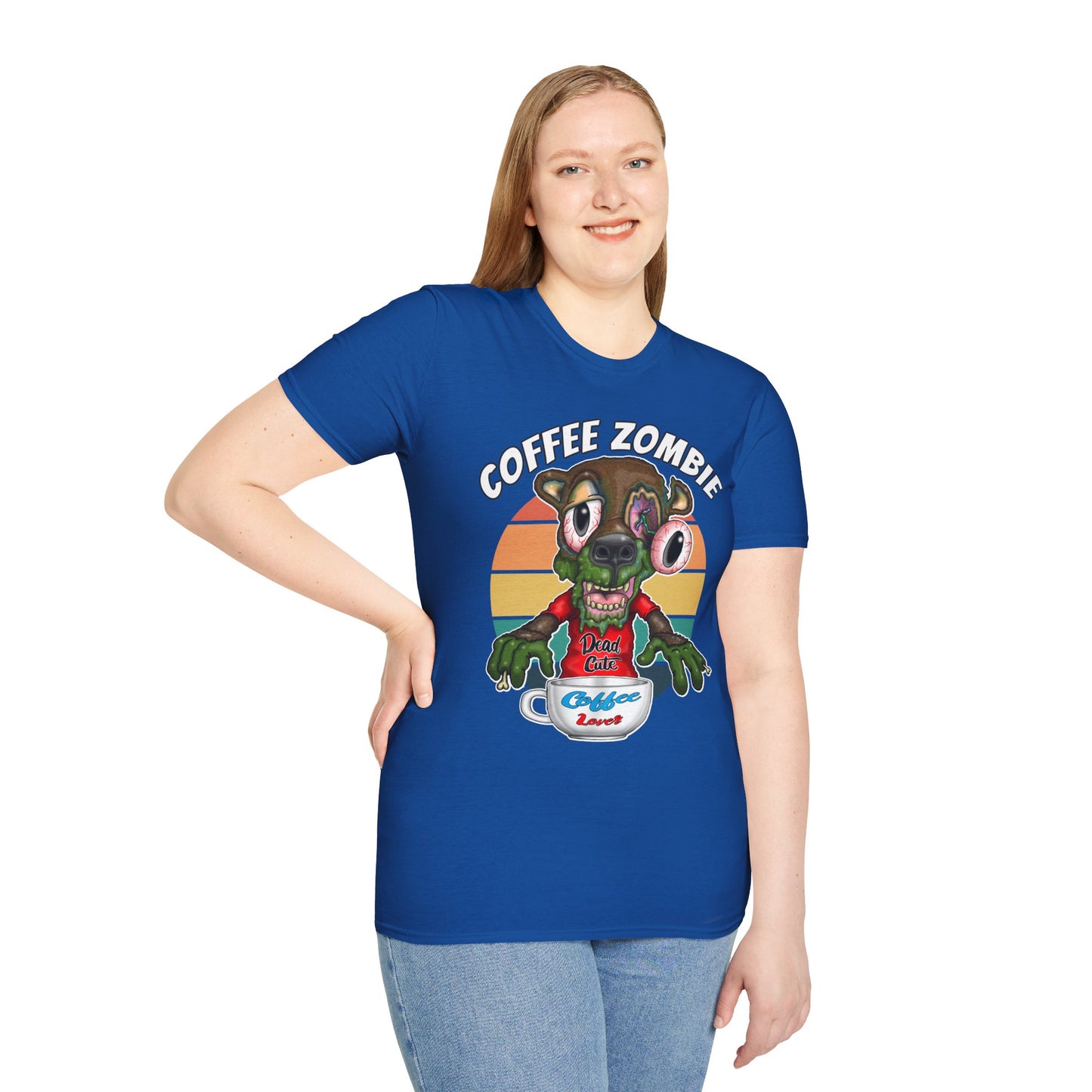 Coffee Zombie Bear T-Shirt — Retro Sunrise Coffee Lover Tee