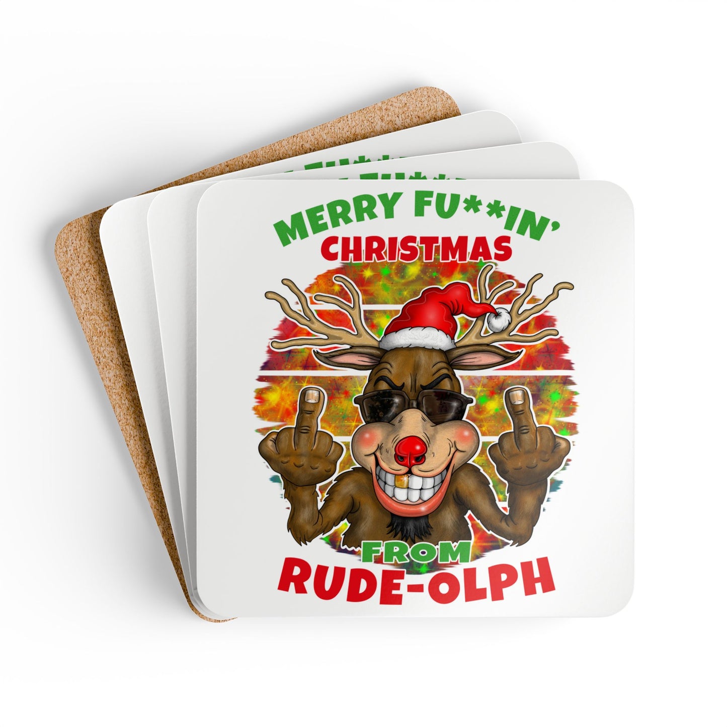 Rudolph Cork Coaster Set — "Merry Fu**in' Christmas from Rude-olph" Novelty Holiday Drink Coasters