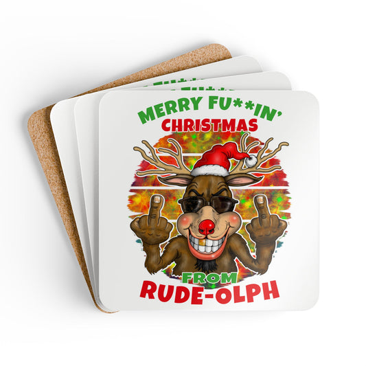 Rudolph Cork Coaster Set — "Merry Fu**in' Christmas from Rude-olph" Novelty Holiday Drink Coasters