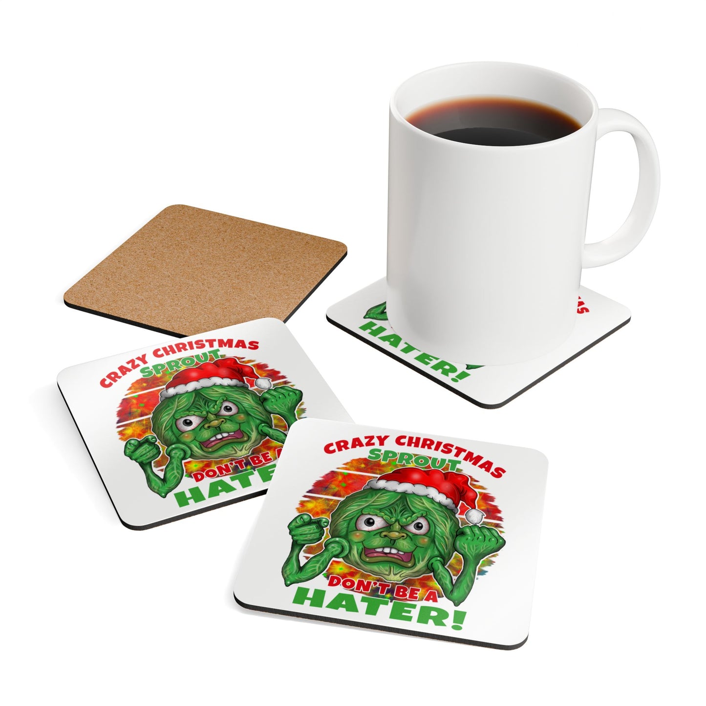 Coaster - "Crazy Christmas Sprout" Holiday Cork Drink Coaster Set (Don't Be a Hater!)