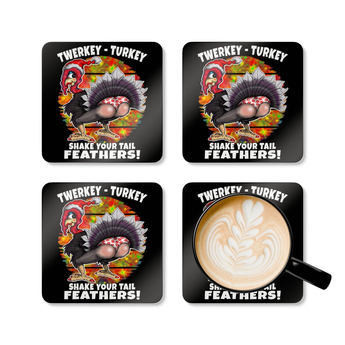 Cork Coaster Set — 'Twerkey Turkey' Funny Christmas Drink Coasters