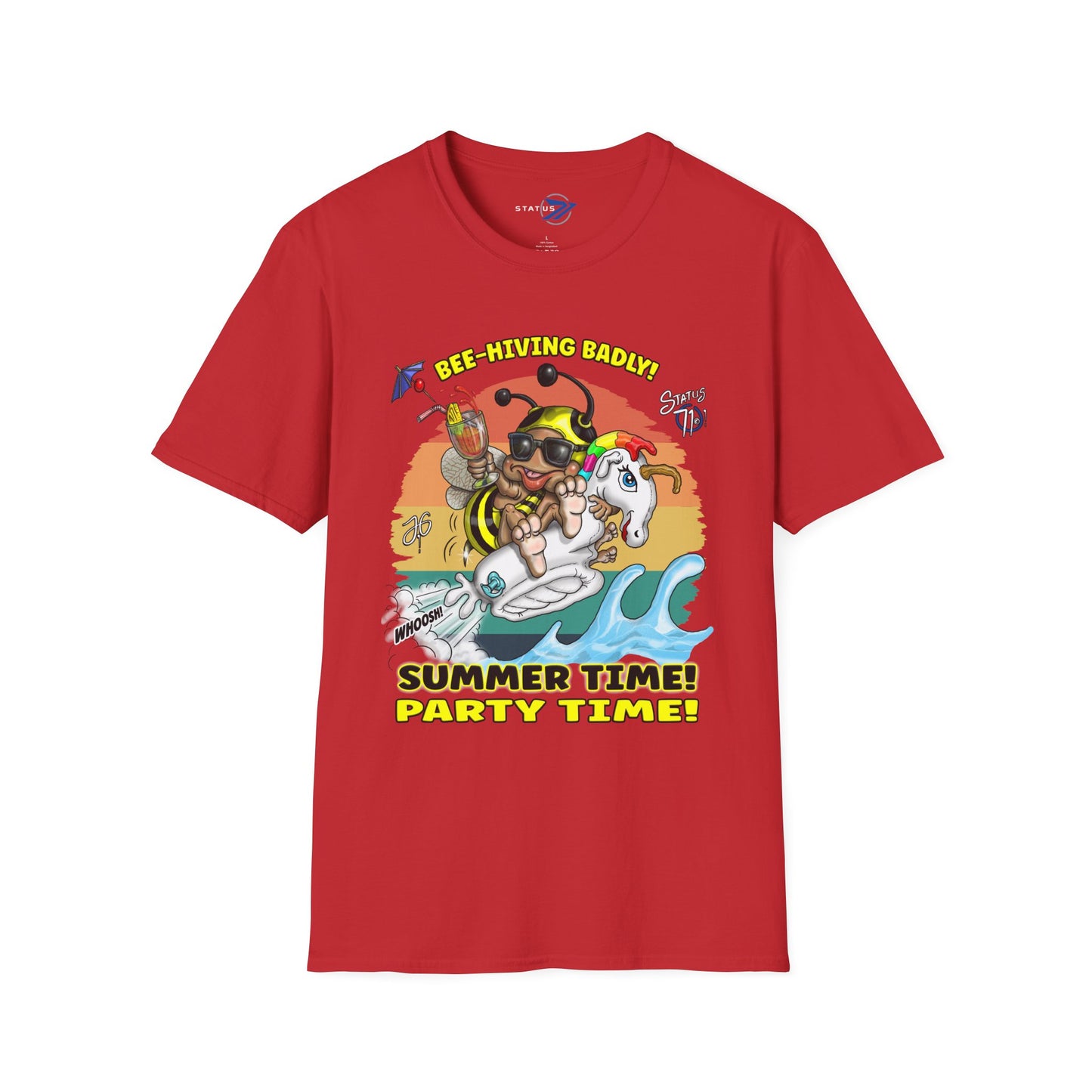 Summer Surf Party T‑Shirt — "Summer Time! Party Time!" Retro Surfing Bee Graphic