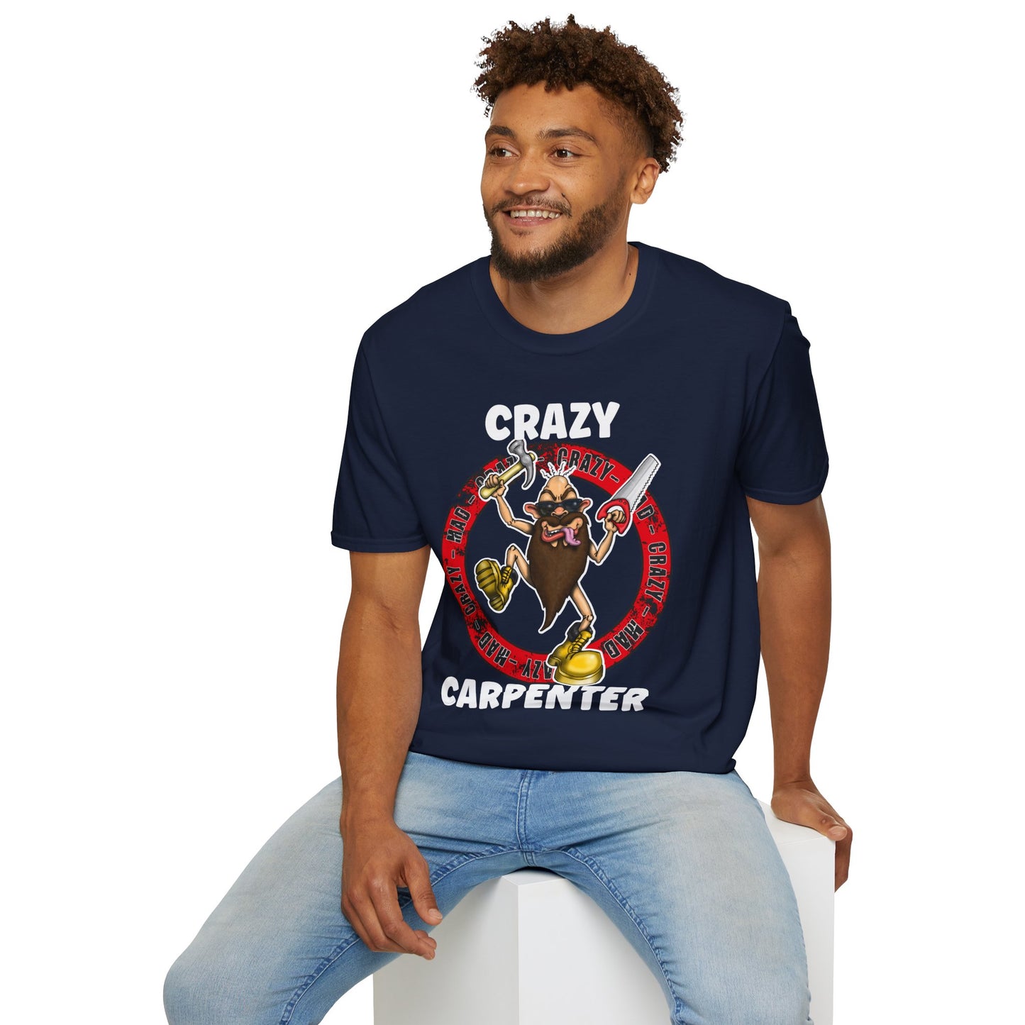 Crazy Carpenter T-Shirt — Funny Tool Mascot Tee for Woodworkers & Tradespeople