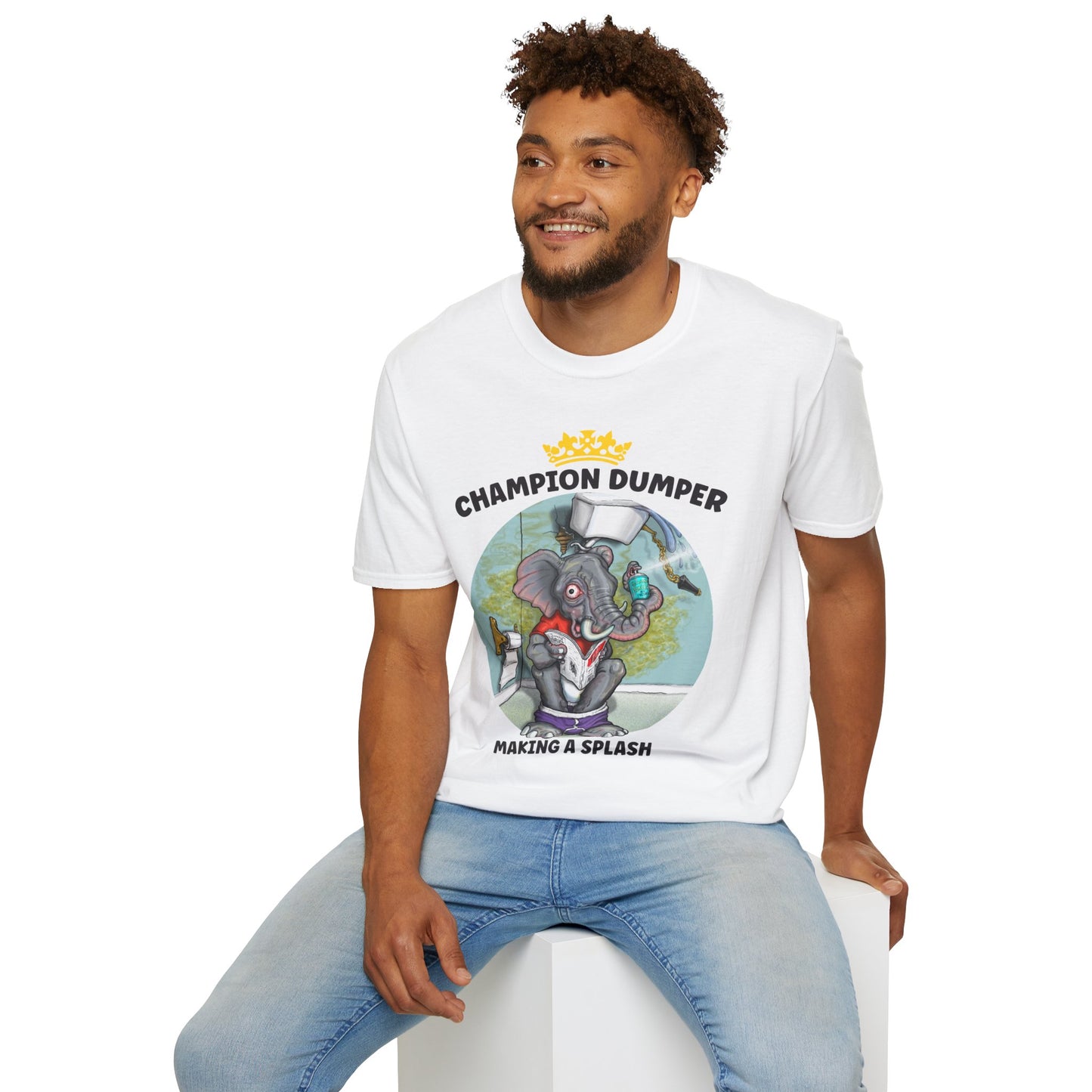 Champion Dumper T-Shirt — Funny Novelty Elephant 'Making a Splash' Tee