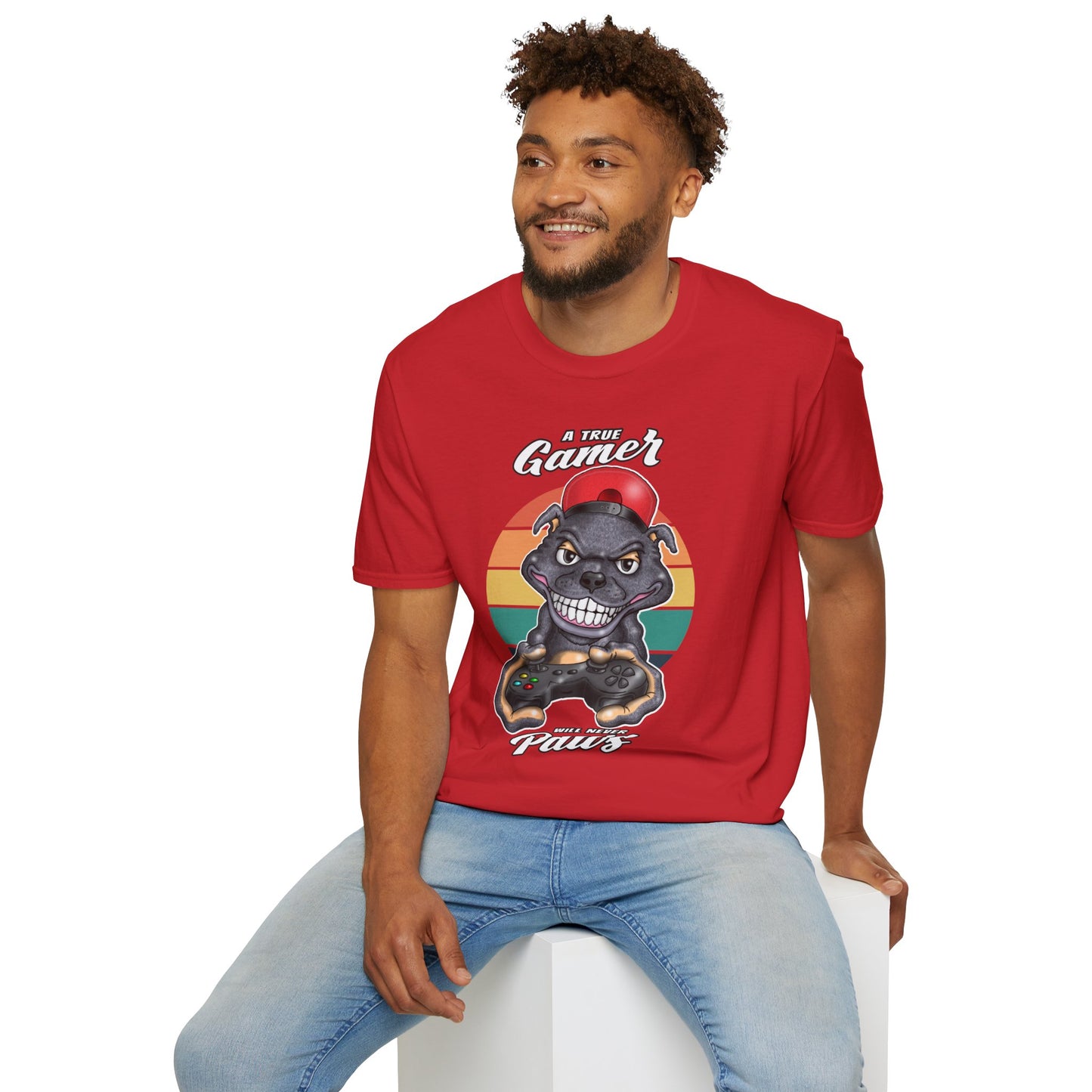 A True Gamer Never Paws T-Shirt — Retro Pit Bull Holding Game Controller Graphic Tee