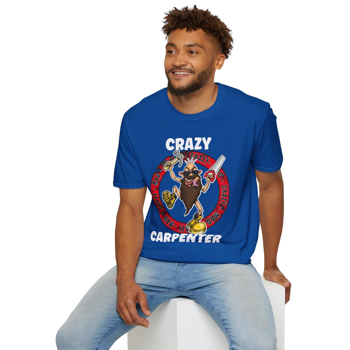 Crazy Carpenter T-Shirt — Funny Tool Mascot Tee for Woodworkers & Tradespeople