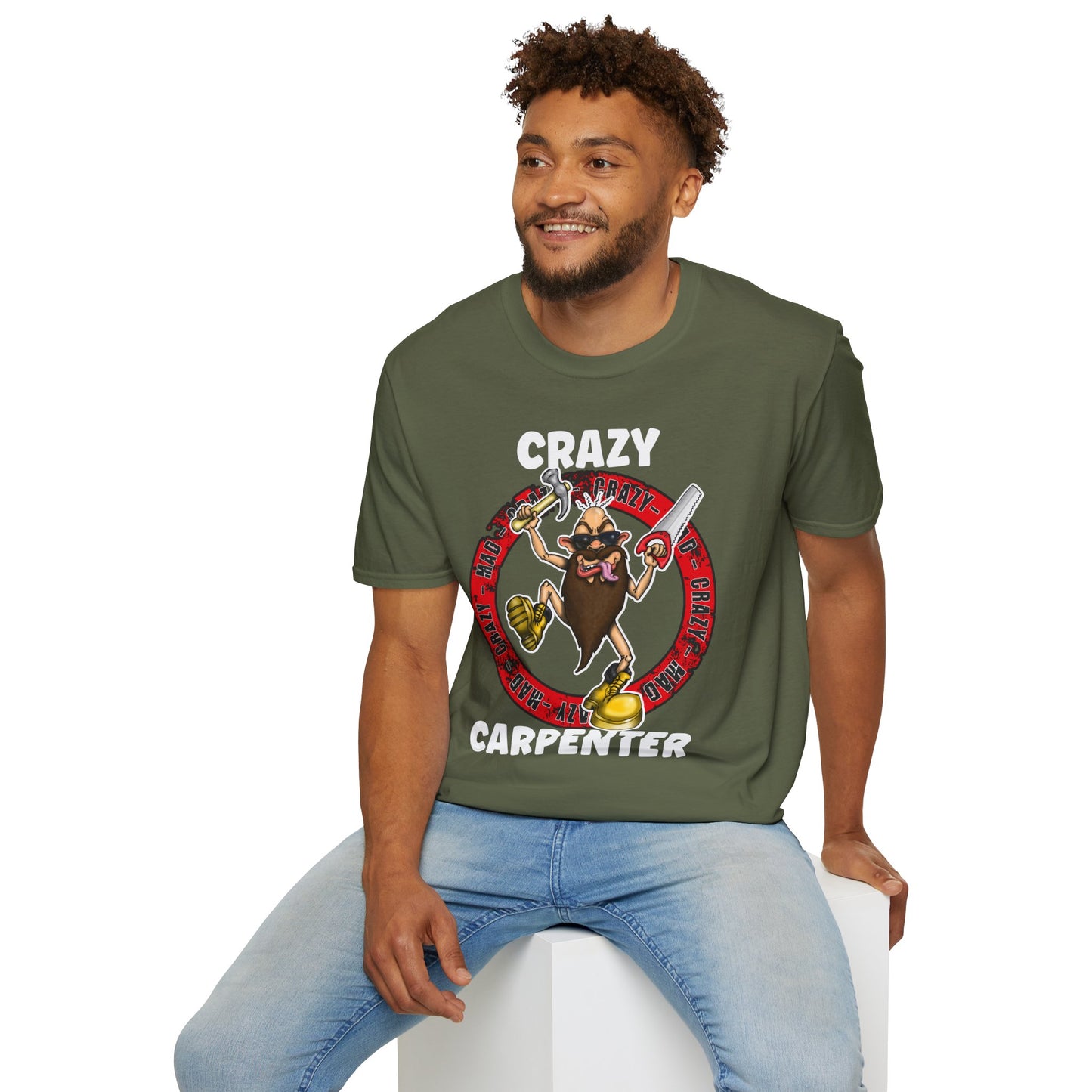 Crazy Carpenter T-Shirt — Funny Tool Mascot Tee for Woodworkers & Tradespeople
