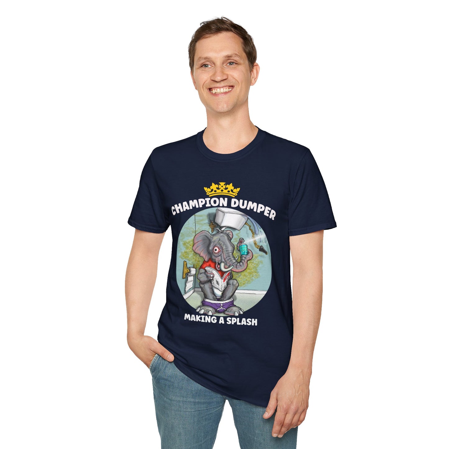 Champion Dumper T-Shirt — Funny Novelty Elephant 'Making a Splash' Tee