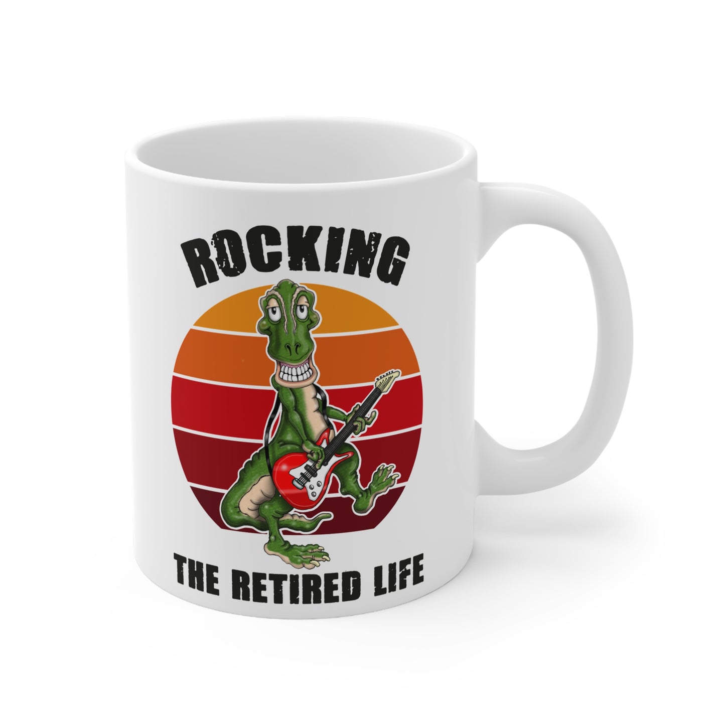 Rocking the Retired Life Mug — Funny Retirement Coffee Cup with Guitar Dinosaur