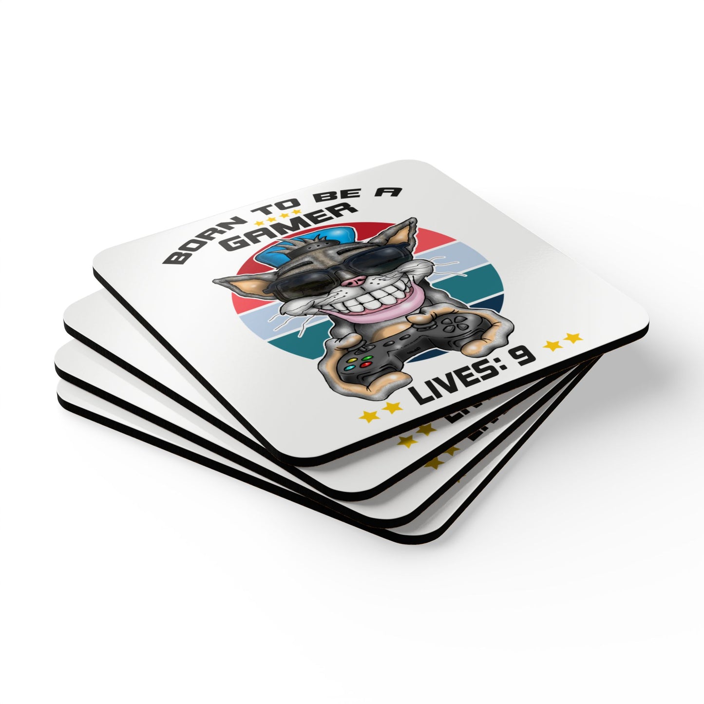 Gamer Cat Corkwood Coasters — "Born to Be a Gamer" Set (Lives: 9)