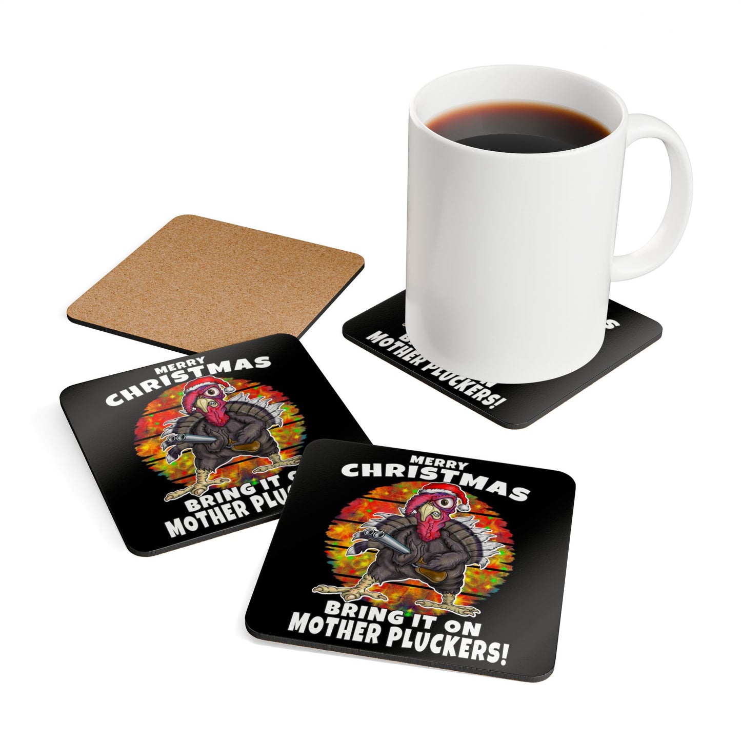Christmas Turkey Cork Coaster Set — “Merry Christmas, Bring It On Mother Pluckers!” Holiday Drink Coasters