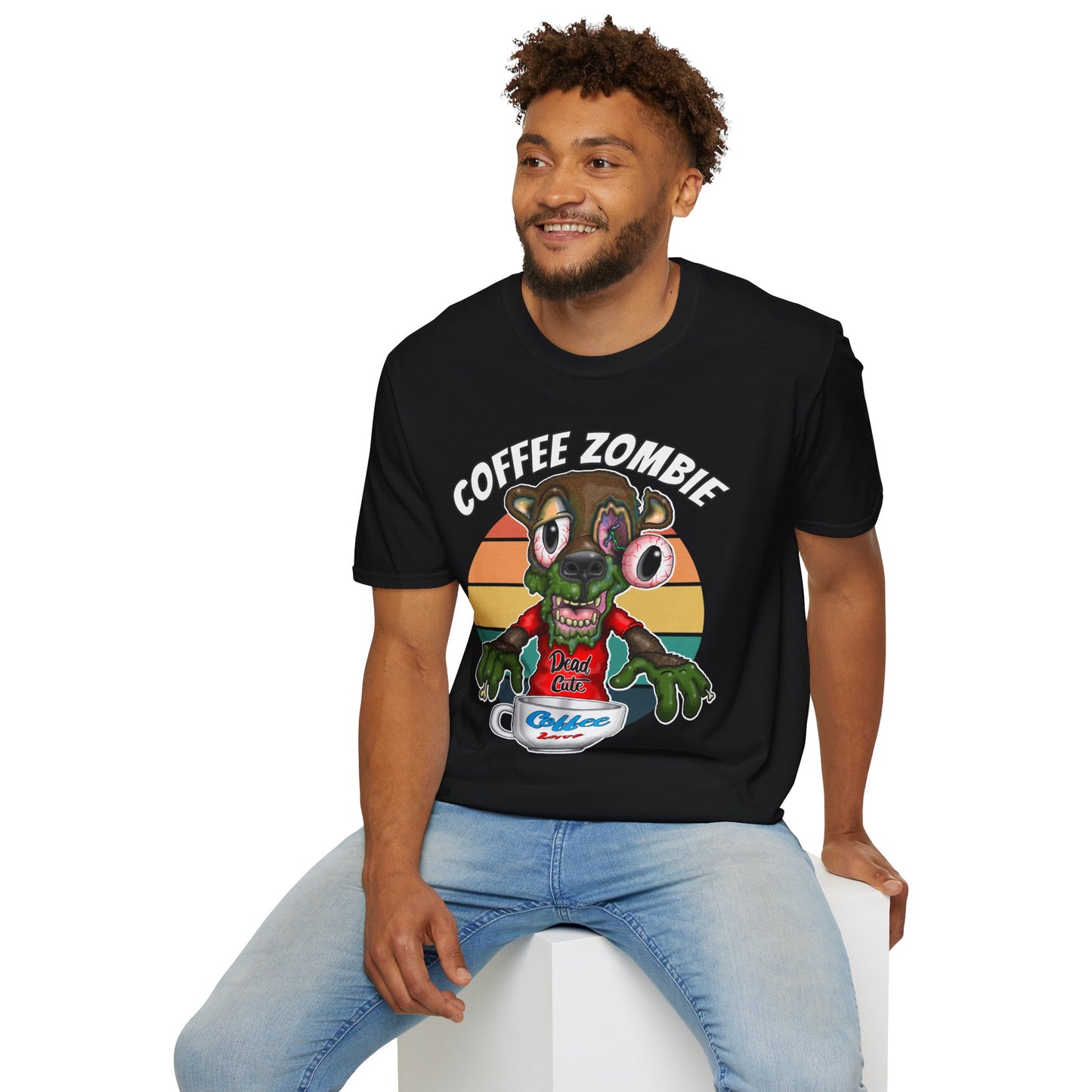 Coffee Zombie Bear T-Shirt — Retro Sunrise Coffee Lover Tee