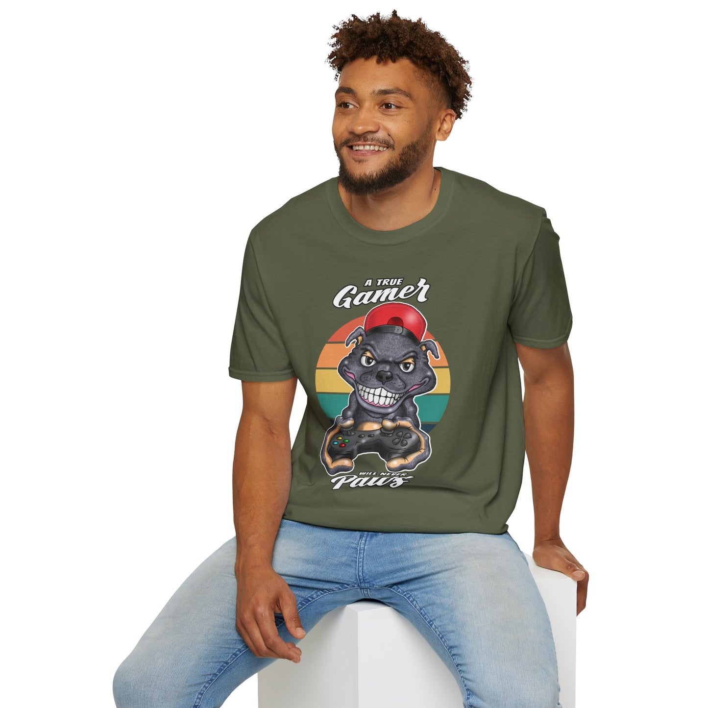 A True Gamer Never Paws T-Shirt — Retro Pit Bull Holding Game Controller Graphic Tee