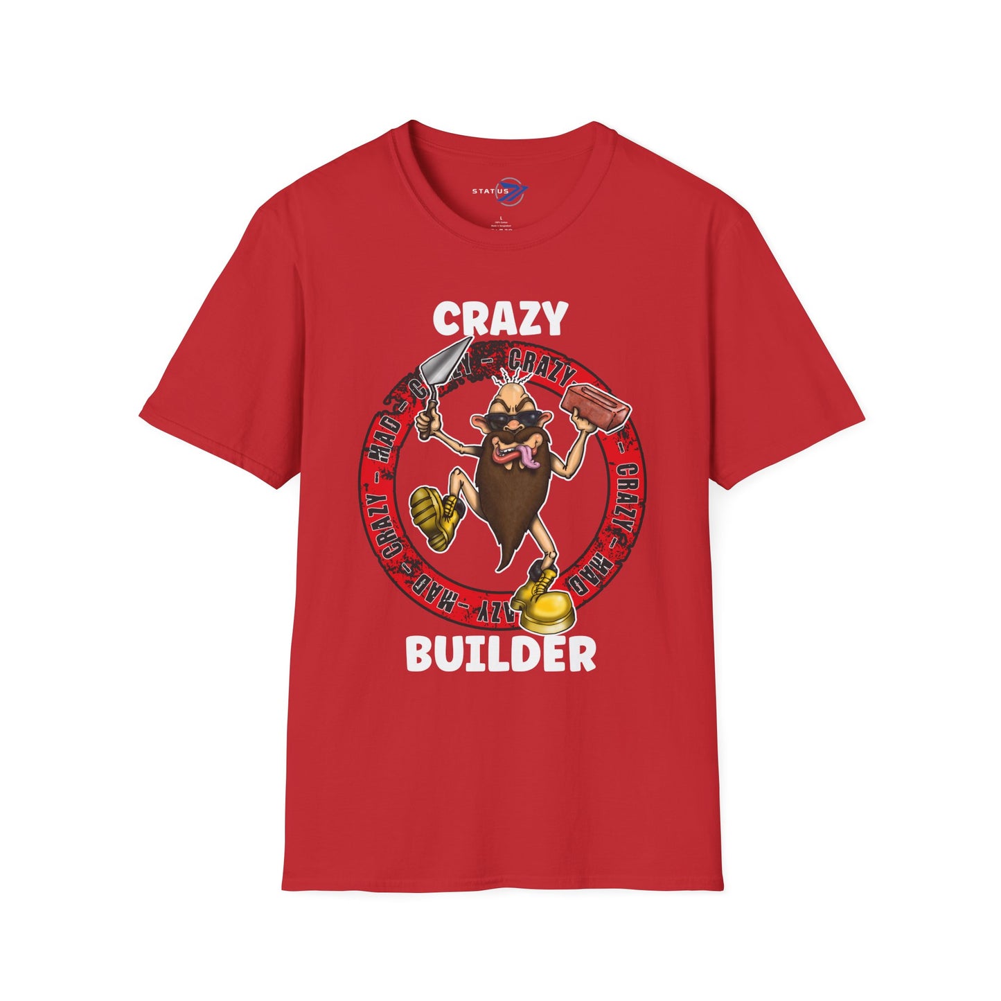 Crazy Builder T-Shirt — Funny Construction Worker Hardhat Mascot Tee