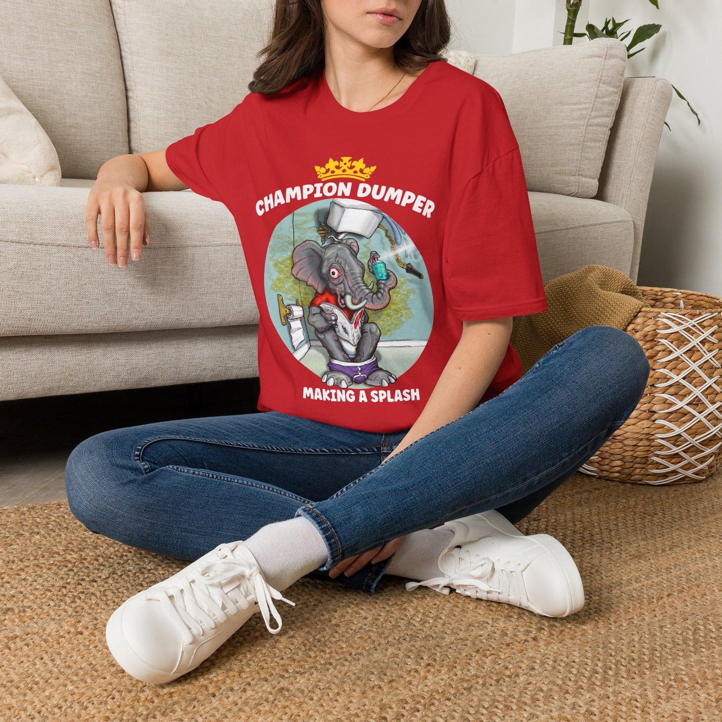 Champion Dumper T-Shirt — Funny Novelty Elephant 'Making a Splash' Tee